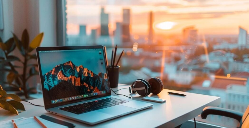 MacBook on a desk with notebook, pencils, and headphones, ideal setup for writers, showcasing the Best Laptops for Writers.