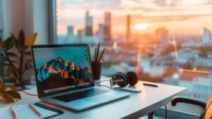 MacBook on a desk with notebook, pencils, and headphones, ideal setup for writers, showcasing the Best Laptops for Writers.