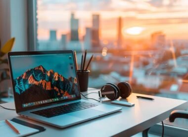 MacBook on a desk with notebook, pencils, and headphones, ideal setup for writers, showcasing the Best Laptops for Writers.