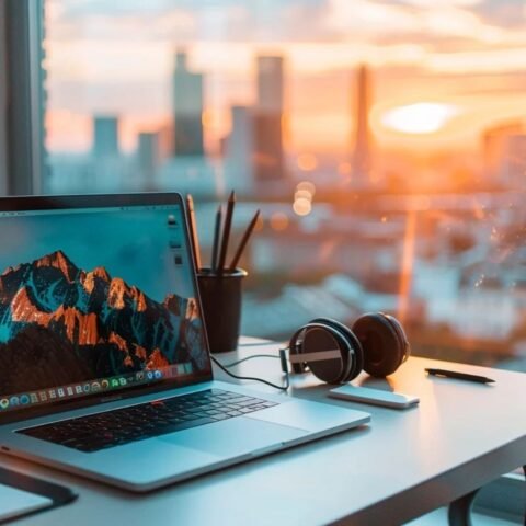 MacBook on a desk with notebook, pencils, and headphones, ideal setup for writers, showcasing the Best Laptops for Writers.