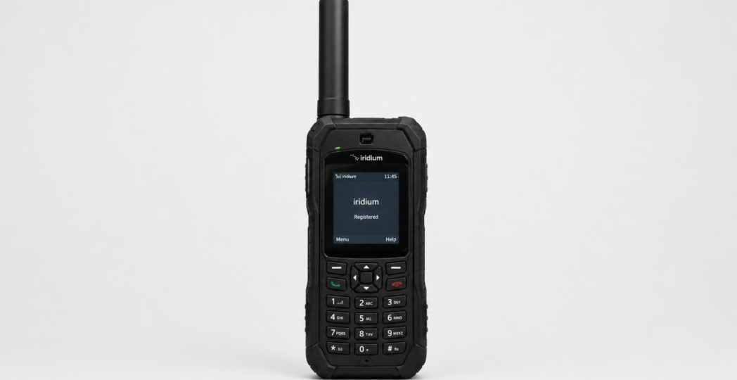 Front-facing rugged black satellite phone with long antenna, numeric keypad, and small display screen showing ‘Iridium Registered,’ placed on a plain light gray background in a clean studio product shot.