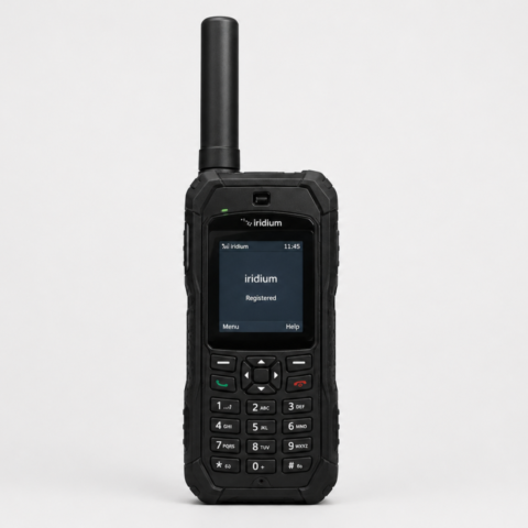 Front-facing rugged black satellite phone with long antenna, numeric keypad, and small display screen showing ‘Iridium Registered,’ placed on a plain light gray background in a clean studio product shot.